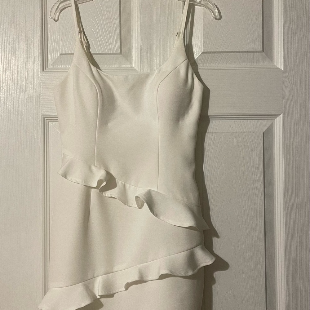 Selfie Leslie White Asymmetrical Ruffled Sheath Dress